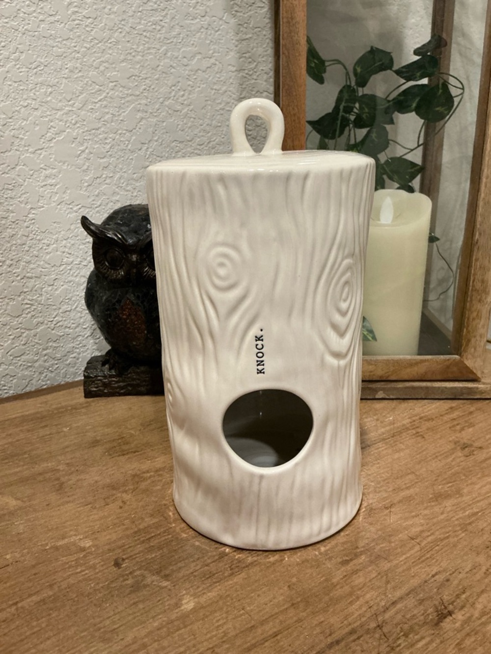 Rae Dunn Cream Ceramic 'KNOCK' Log Birdhouse